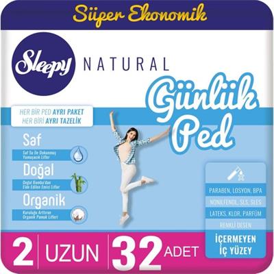 Sleepy Natural Uzun Günlük Ped - 32 Adet, Saf Su Dokunuşu ile, Doğal Bambu ve Organik Pamuk Liflerinden Üretilmiştir, Süper Ekonomik Paket