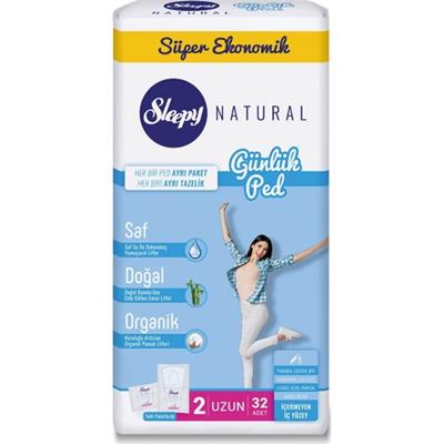 Sleepy Natural Uzun Günlük Ped - 32 Adet, Saf Su Dokunuşu ile, Doğal Bambu ve Organik Pamuk Liflerinden Üretilmiştir, Süper Ekonomik Paket