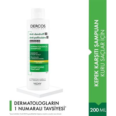 Vichy Dercos Kepek Önleyici Şampuan - Kuru ve Yıpranmış Saçlar için, Hassas Saç Derisine Uygun, 200 ml