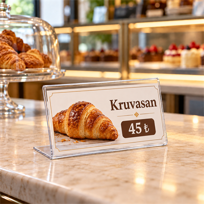 Pasta dolabında ürün ve fiyat gösterimi için 8x5 cm şeffaf pleksi L tipi yatay föylük
