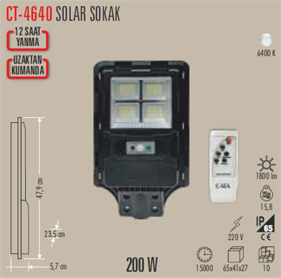 CATA CT-4640 200W SOLAR SOKAK ARMATURU (KUMANDALI)