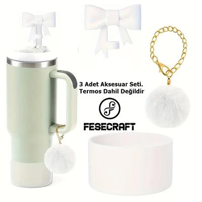Stanley Quencher 30 - 40 Oz 3'lü Beyaz Aksesuar Fiyonk Tıpa Charm Peluş Taban Koruyucu Silikon Set