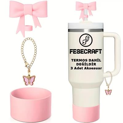 Stanley Quencher 30-40 Oz 3'lü Pembe Aksesuar Seti Fiyonk Tıpa Kelebek Charm Taban Koruyucu Silikon