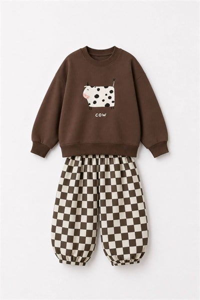 Çocuk İnek Baskılı 2 İplik Sweatshirt Gabardin Pantolon Alt Üst Takım