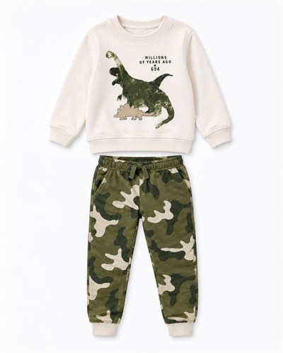 Erkek Bebek Dinozor Baskılı Sweatshirt Kamuflaj Pantolon 2’li Alt Üst Takım 6 Ay-4 Yaş