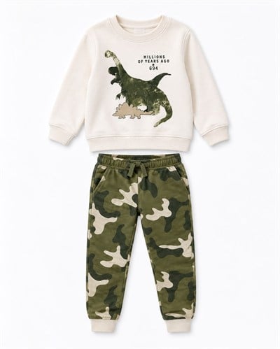 Erkek Bebek Dinozor Baskılı Sweatshirt Kamuflaj Pantolon 2’li Alt Üst Takım 6 Ay-4 Yaş