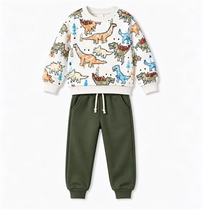 Erkek Bebek Dinozor Desenli Sweatshirt ve Haki Pantolon 2’li Alt Üst Takım