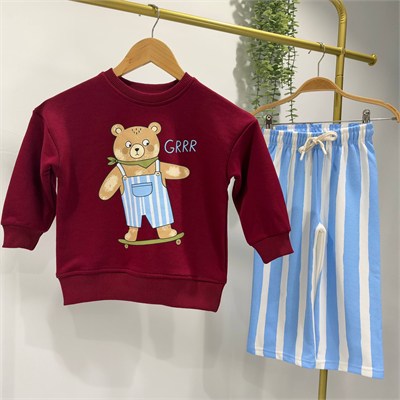 Erkek Çocuk Ayıcık Baskılı Sweatshirt ve Mavi Beyaz Çizgili Bol Paça Pantolon Takımı 3 İplik Şardonsuz 2-8 Yaş