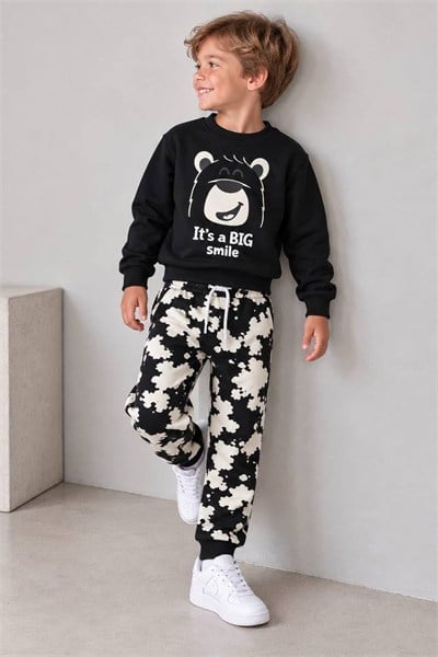Erkek Çocuk Ayıcık Baskılı Sweatshirt Desenli Jogger Pantolon Alt Üst Takım