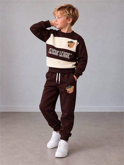 Erkek Çocuk Ayıcık Nakışlı Çizgili Sweatshirt Jogger Pantolon Alt Üst Takım