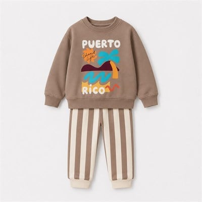 Erkek Çocuk Baskılı Sweatshirt Çizgili Pantolon Alt Üst Takım