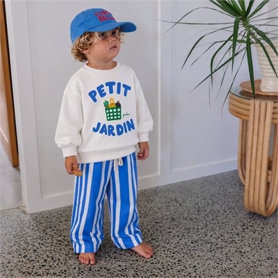 Erkek Çocuk Baskılı Sweatshirt ve Mavi Beyaz Çizgili Pantolon Takımı 3 İplik Şardonsuz 2-8 Yaş