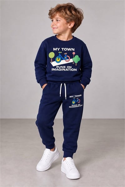Erkek Çocuk Bisiklet Baskılı Sweatshirt Jogger Pantolon Alt Üst Takım