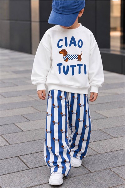 Erkek Çocuk Ciao Tutti Köpek Baskılı Sweatshirt Çizgili Bol Paça Pantolon Takım