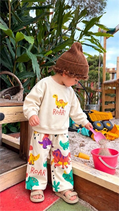 Erkek Çocuk Dinozor Baskılı 3 İplik Şardonsuz Sweatshirt Pantolon Alt Üst Takım