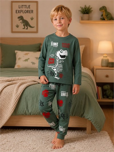 Erkek Çocuk Dinozor Baskılı Uzun Kollu Alt Üst Pijama Takımı