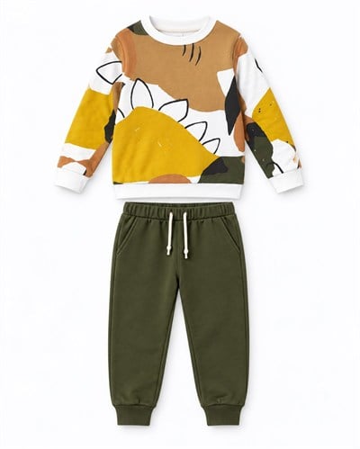 Erkek Çocuk Dinozor Desenli Sweatshirt ve Bağcıklı Pantolon 2’li Alt Üst Takım