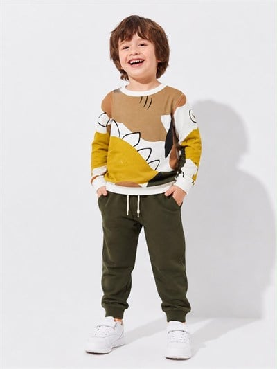 Erkek Çocuk Dinozor Desenli Sweatshirt ve Bağcıklı Pantolon 2’li Alt Üst Takım