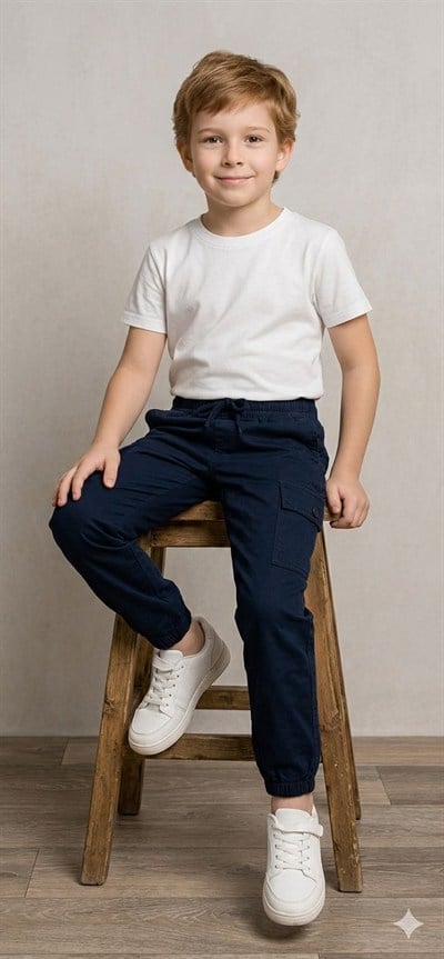 Erkek Çocuk Gabardin Kargo Pantolon Lastikli Paça Cepli Rahat Kalıp