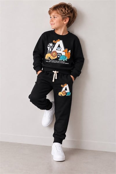 Erkek Çocuk Hayvan Figürlü A Baskılı Sweatshirt Jogger Pantolon 2’li Alt Üst Takım