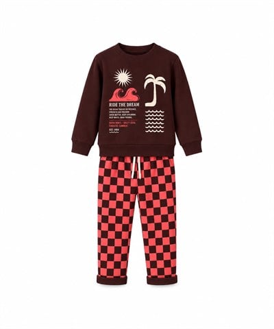Erkek Çocuk Palmiye Baskılı Sweatshirt Ekose Pantolonlu 2’li Alt Üst Takım