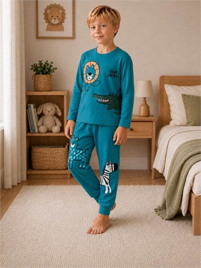 Erkek Çocuk Safari Hayvan Baskılı Uzun Kollu Pijama Takımı