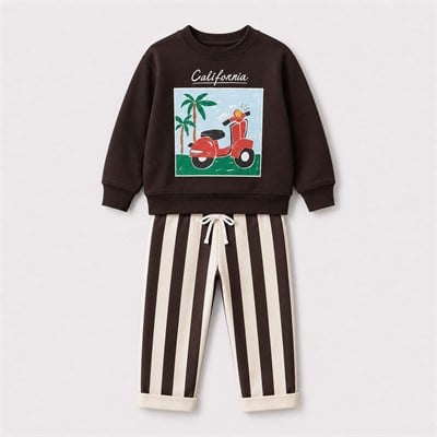 Erkek Çocuk Scooter Baskılı Sweatshirt Çizgili Pantolon Alt Üst Takım
