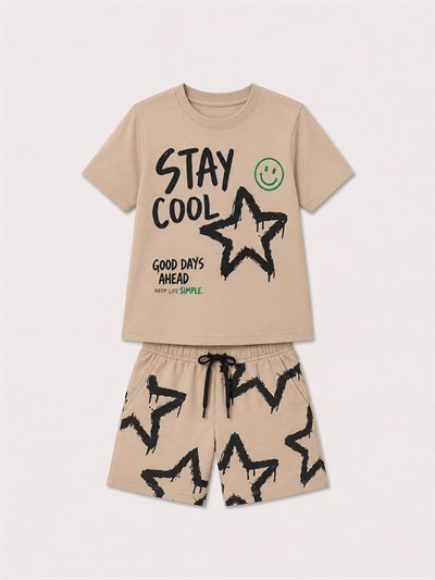 Erkek Çocuk Stay Cool Baskılı Şortlu Takım Bej