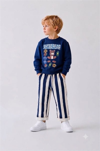 Erkek Çocuk Super Bear Adventure Baskılı Sweatshirt Çizgili Pantolon Takım