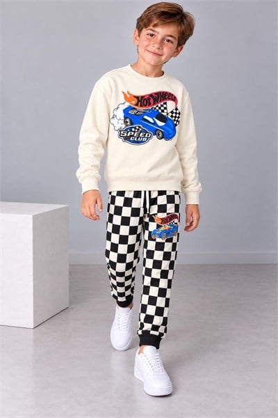 Erkek Çocuk Yarış Arabası Baskılı Sweatshirt Damalı Jogger Pantolon Alt Üst Takım