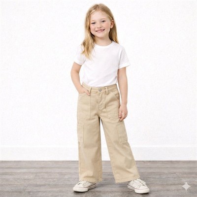 Kız Çocuk Bej Bol Paça Jean Pantolon Cepli