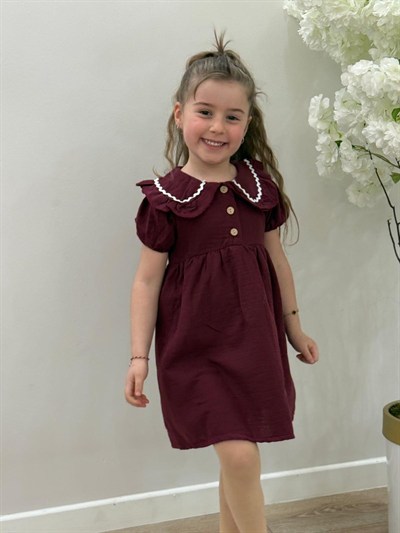 Kız Çocuk Bordo Müslin Kumaş Yazlık Elbise 