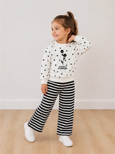 Kız Çocuk Çiçek Baskılı Sweatshirt ve Çizgili Bol Paça Pantolon Takımı