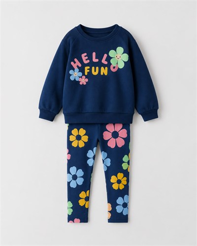 Kız Çocuk Çiçek Desenli Sweatshirt Tayt 2’li Takım