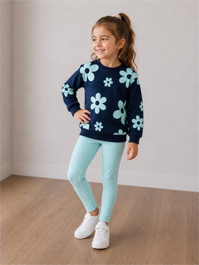 Kız Çocuk Çiçek Desenli Uzun Kollu Sweatshirt Tayt Alt Üst Takım