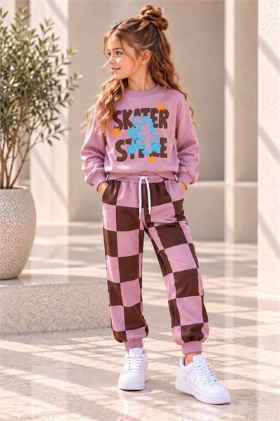 Kız Çocuk Dinozor Baskılı Sweatshirt ve Kareli Desenli Jogger Pantolon Alt Üst Takım 