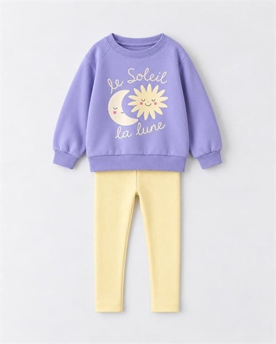 Kız Çocuk Güneş Ay Baskılı Sweatshirt Tayt Alt Üst Takım