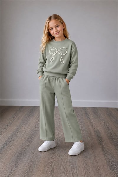 Kız Çocuk İnci Fiyonk Detaylı Sweatshirt Bol Paça Pantolon Alt Üst Takım