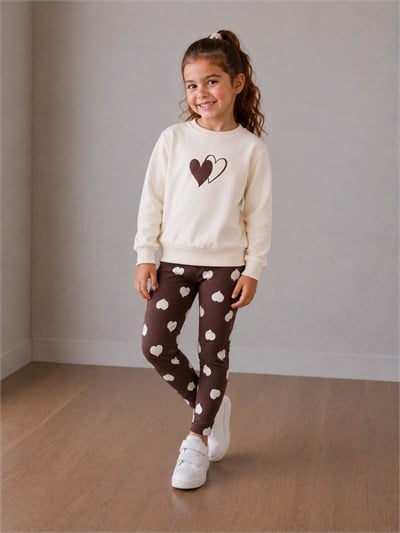 Kız Çocuk Kalp Baskılı Sweatshirt ve Desenli Tayt Alt Üst Takım