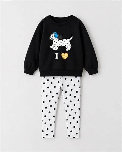 Kız Çocuk Köpek Baskılı Sweatshirt Puantiyeli Taytlı Alt Üst Takım