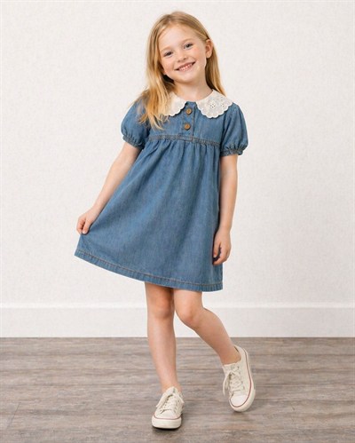 Kız Çocuk Kot Elbise Dantelli Yaka Şık Günlük Elbise