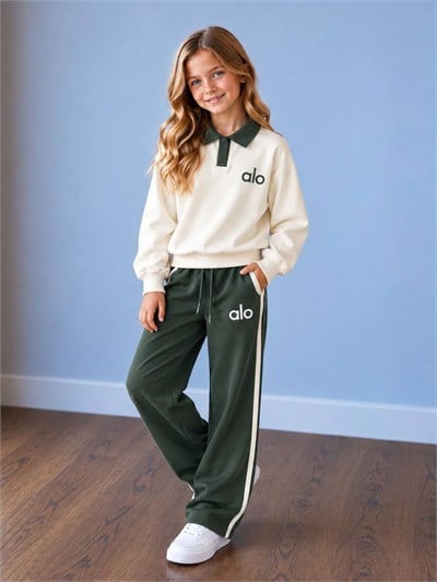 Kız Çocuk Lacivert Polo Yaka Şerit Detaylı Sweatshirt Pantolon Alt Üst Takım