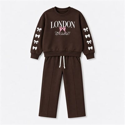 Kız Çocuk London Yazılı Fiyonk Detaylı Sweatshirt Pantolon Alt Üst Takım