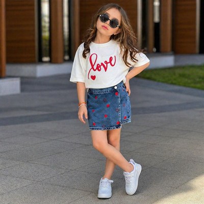 Kız Çocuk Love Baskılı Şort Etek Takım Şık Günlük Kombin