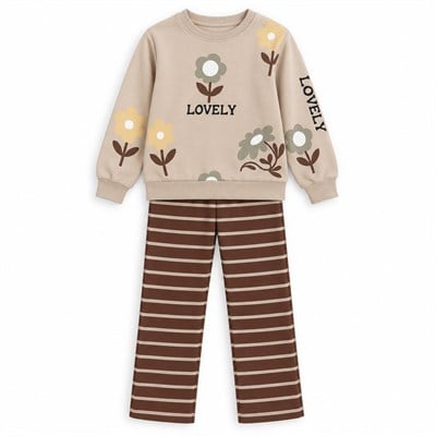 Kız Çocuk Lovely Yazılı Çiçek Baskılı Sweatshirt Çizgili Pantolon Alt Üst Takım