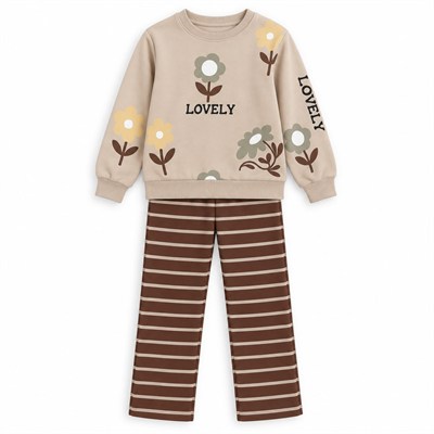 Kız Çocuk Lovely Yazılı Çiçek Baskılı Sweatshirt Çizgili Pantolon Alt Üst Takım