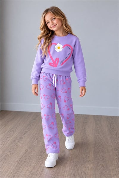 Kız Çocuk Papatya Kalp Baskılı Sweatshirt Desenli Pantolon 2’li Alt Üst Takım