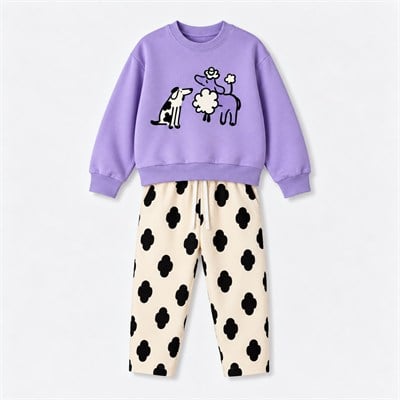 Kız Çocuk Sevimli Hayvan Baskılı Sweatshirt Desenli Pantolon Alt Üst Takım