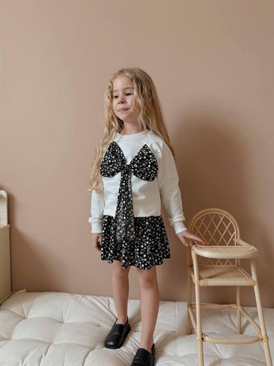 Kız Çocuk Siyah Beyaz Fiyonk Detaylı Etek Takım