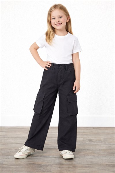 Kız Çocuk Siyah Gabardin Kargo Pantolon Bol Paça Rahat Kesim Günlük